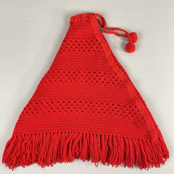 Vintage Large Hand Crochet Poncho Wrap with Fringes Women's Red Iconic Retro - Picture 16 of 16